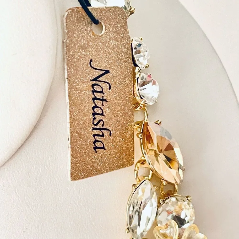NWT So Gorgeous Natasha Flowers Gold white Crystal Stones Statement Necklace